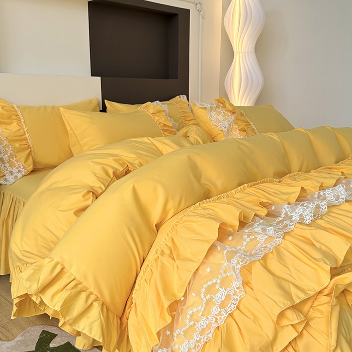 91家纺网 家纺一手货源 找家纺 言熙居 2023新款多巴胺加厚磨毛韩版床裙小清新风四件套 多巴胺-黄