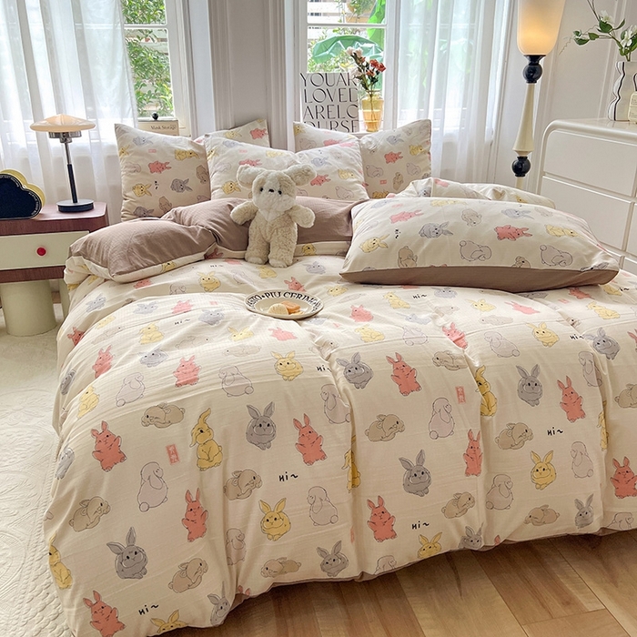 91家纺网 家纺一手货源 找家纺 妖妖家纺 2023新款有氧提花小竺棉印花四件套 多彩兔