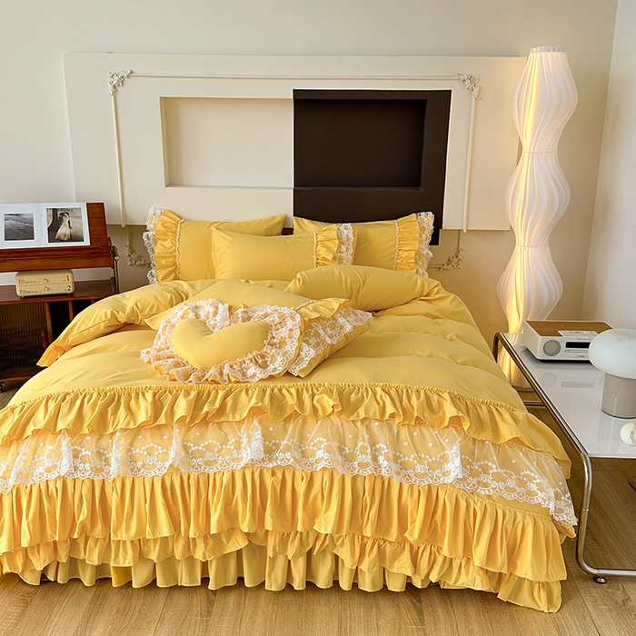 91家纺网 家纺一手货源 找家纺 言熙居 2023新款多巴胺加厚磨毛韩版床裙小清新风四件套 多巴胺-黄