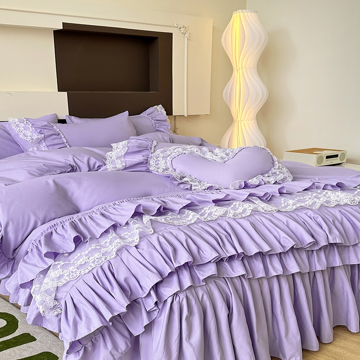 91家纺网 家纺一手货源 找家纺 言熙居 2023新款多巴胺加厚磨毛韩版床裙小清新风四件套 多巴胺-紫