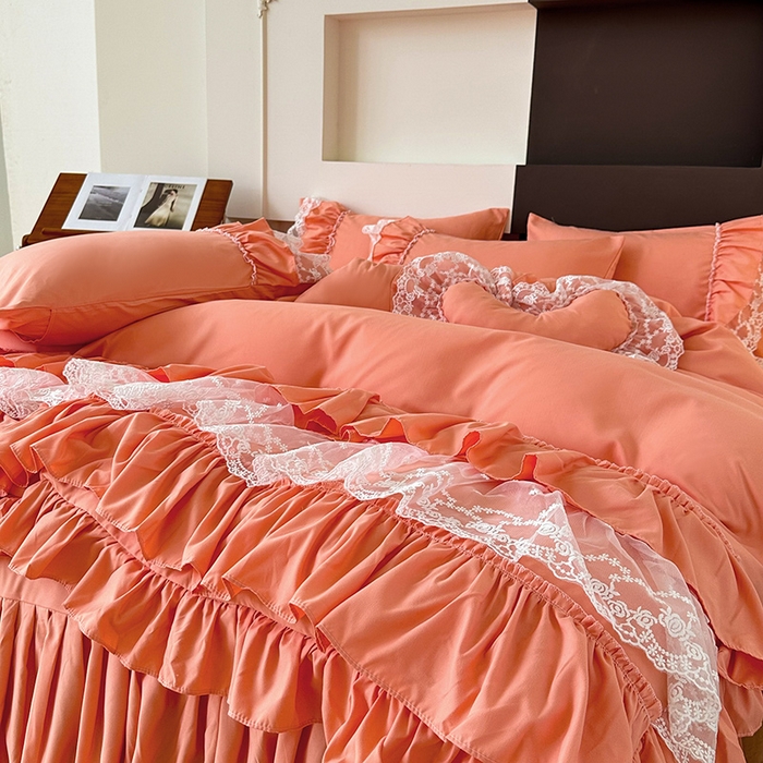 91家纺网 家纺一手货源 找家纺 言熙居 2023新款多巴胺加厚磨毛韩版床裙小清新风四件套 多巴胺-桔