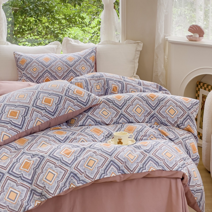 91家纺网 家纺一手货源 找家纺 感遇家纺 2023新款印花系列全棉生态磨毛加厚四件套 春桃粉