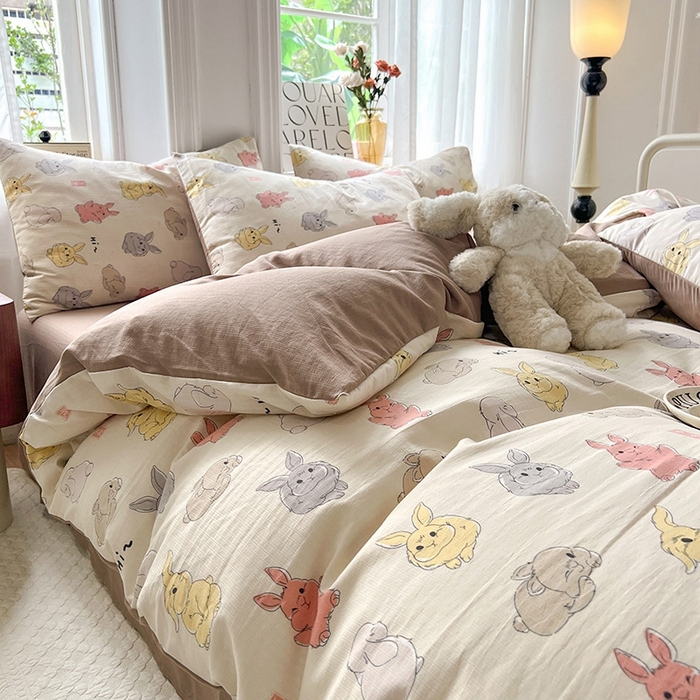 91家纺网 家纺一手货源 找家纺 妖妖家纺 2023新款有氧提花小竺棉印花四件套 多彩兔