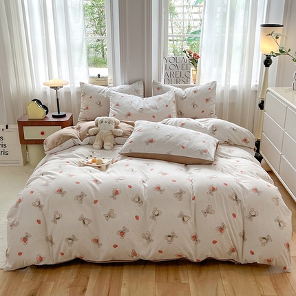 妖妖家纺 2023新款有氧提花小竺棉印花四件套 草莓熊熊