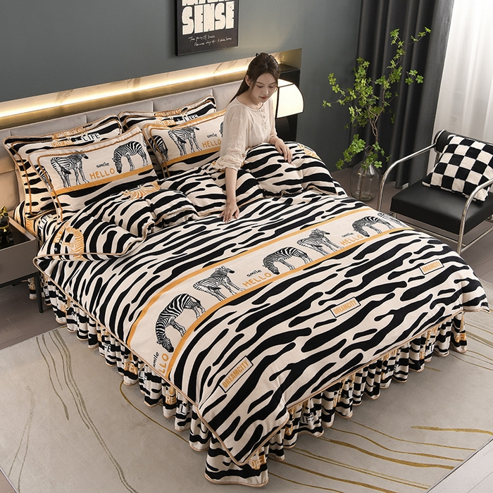 91家纺网 家纺一手货源 找家纺 金柚子 2024新款加厚牛奶绒四件套 时尚斑马