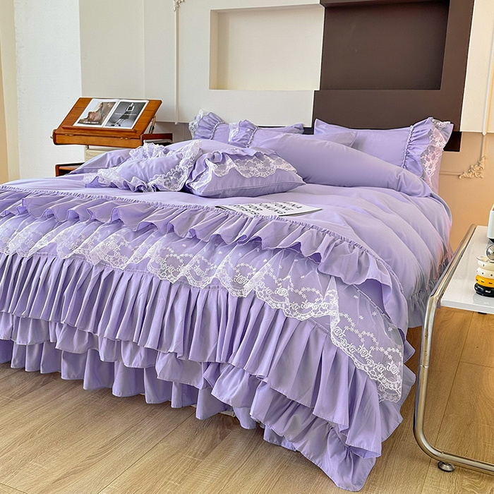 91家纺网 家纺一手货源 找家纺 言熙居 2023新款多巴胺加厚磨毛韩版床裙小清新风四件套 多巴胺-紫