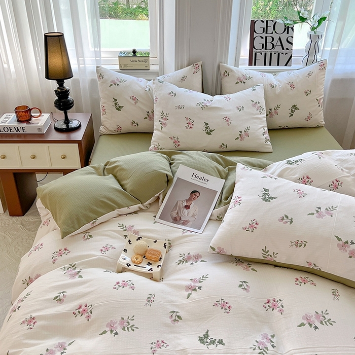 91家纺网 家纺一手货源 找家纺 妖妖家纺 2023新款有氧提花小竺棉印花四件套 花儿清幽