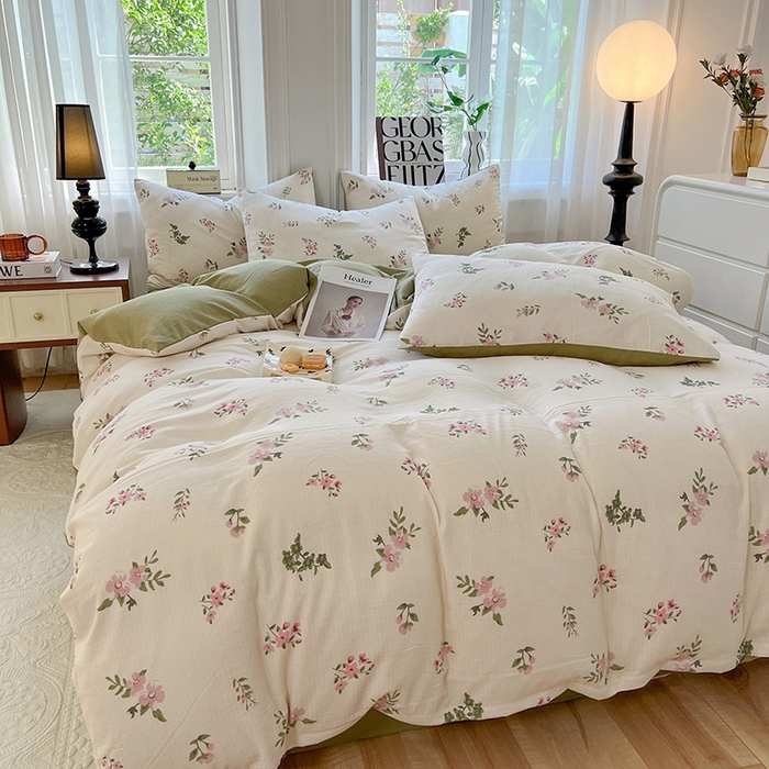 91家纺网 家纺一手货源 找家纺 妖妖家纺 2023新款有氧提花小竺棉印花四件套 花儿清幽