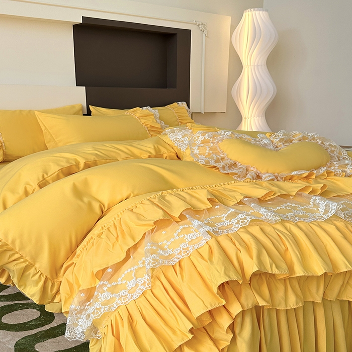 91家纺网 家纺一手货源 找家纺 言熙居 2023新款多巴胺加厚磨毛韩版床裙小清新风四件套 多巴胺-黄