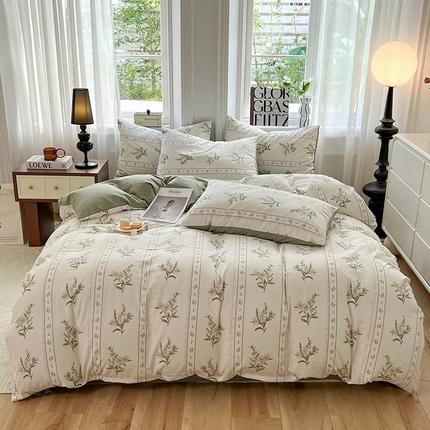 妖妖家纺 2023新款有氧提花小竺棉印花四件套 青野