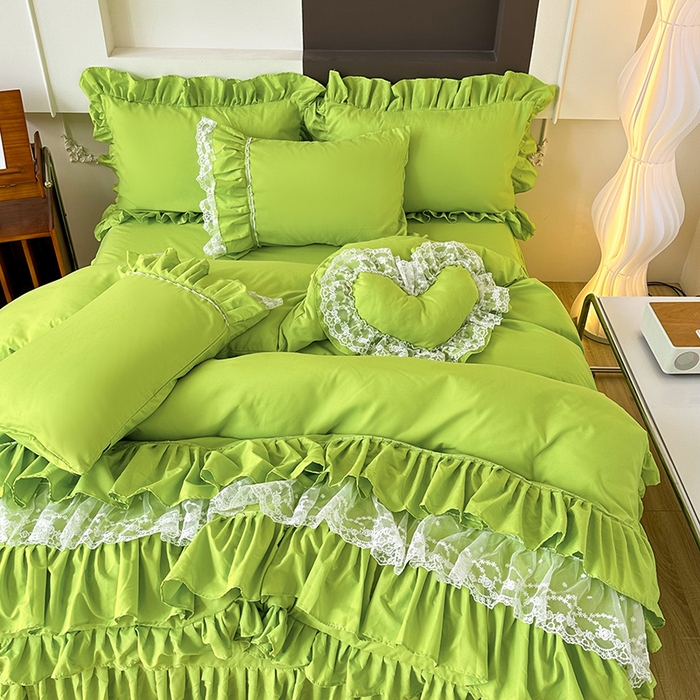 91家纺网 家纺一手货源 找家纺 言熙居 2023新款多巴胺加厚磨毛韩版床裙小清新风四件套 多巴胺-荧光绿