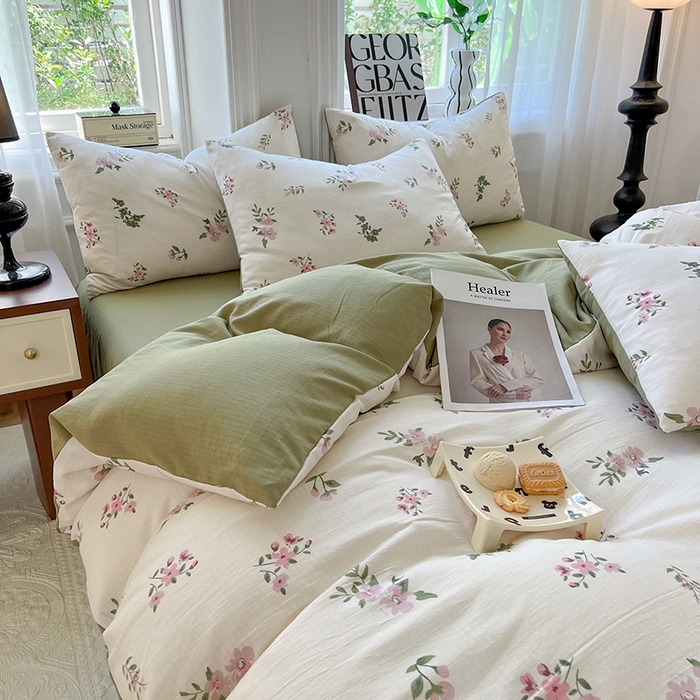 91家纺网 家纺一手货源 找家纺 妖妖家纺 2023新款有氧提花小竺棉印花四件套 花儿清幽