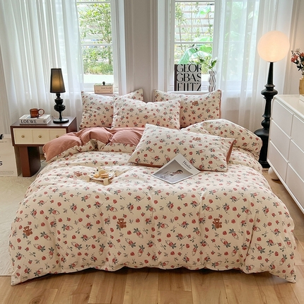 妖妖家纺 2023新款有氧提花小竺棉印花四件套 小熊花礼