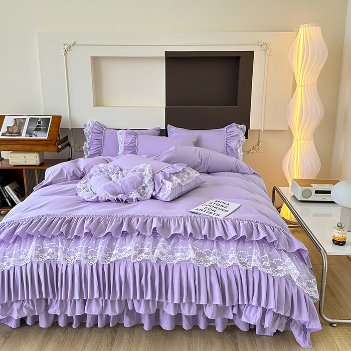 91家纺网 家纺一手货源 找家纺 言熙居 2023新款多巴胺加厚磨毛韩版床裙小清新风四件套 多巴胺-紫