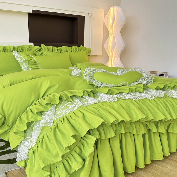 91家纺网 家纺一手货源 找家纺 言熙居 2023新款多巴胺加厚磨毛韩版床裙小清新风四件套 多巴胺-荧光绿