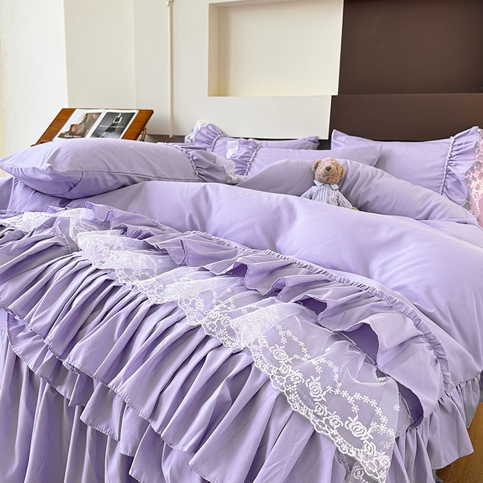 91家纺网 家纺一手货源 找家纺 言熙居 2023新款多巴胺加厚磨毛韩版床裙小清新风四件套 多巴胺-紫