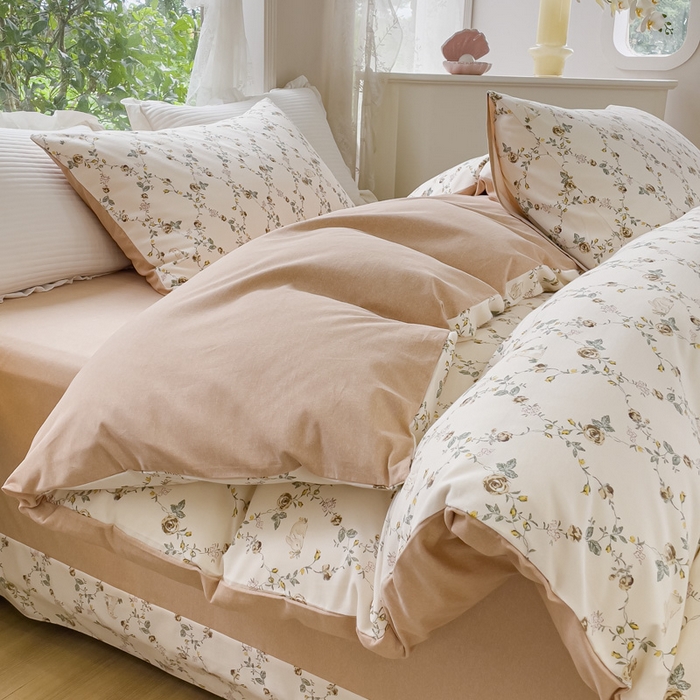 91家纺网 家纺一手货源 找家纺 感遇家纺 2023新款印花系列全棉生态磨毛加厚四件套 浅汐 咖