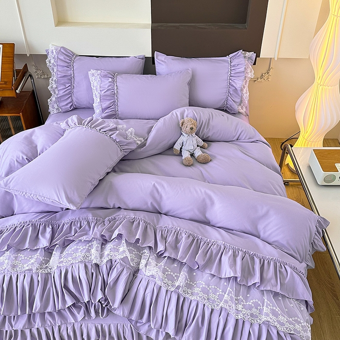 91家纺网 家纺一手货源 找家纺 言熙居 2023新款多巴胺加厚磨毛韩版床裙小清新风四件套 多巴胺-紫