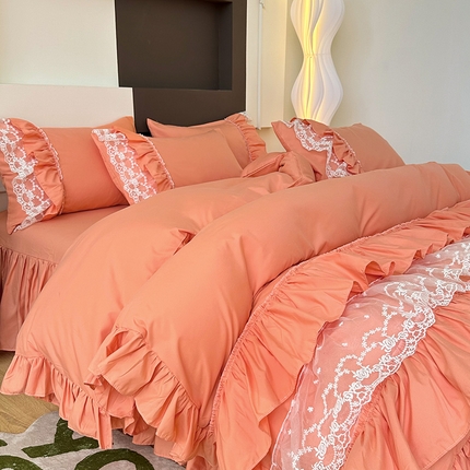 言熙居 2023新款多巴胺加厚磨毛韩版床裙小清新风四件套 多巴胺-桔