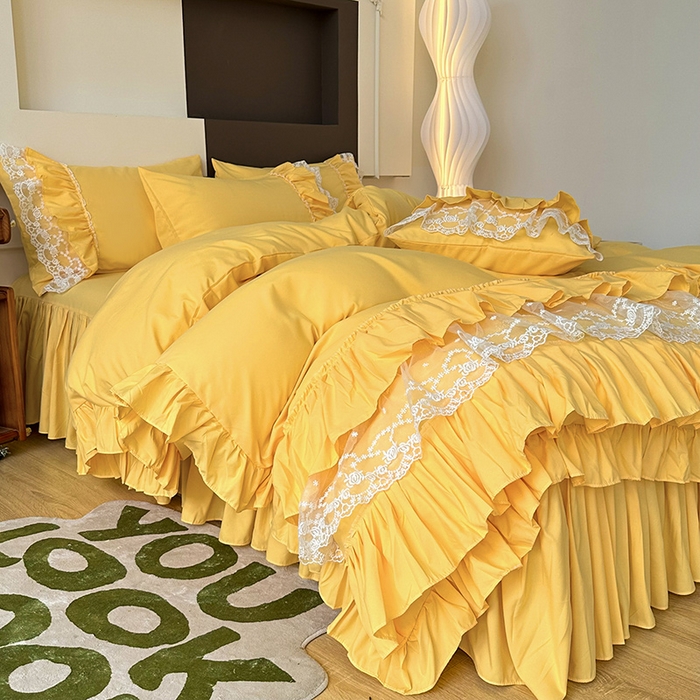 91家纺网 家纺一手货源 找家纺 言熙居 2023新款多巴胺加厚磨毛韩版床裙小清新风四件套 多巴胺-黄