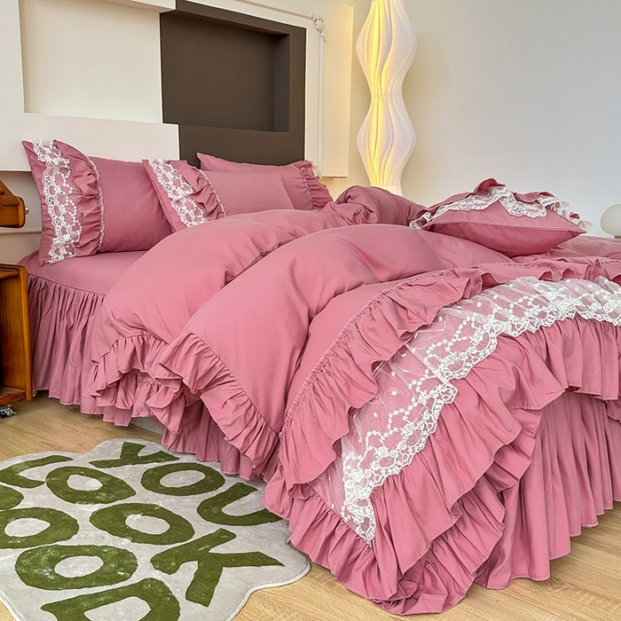 91家纺网 家纺一手货源 找家纺 言熙居 2023新款多巴胺加厚磨毛韩版床裙小清新风四件套 多巴胺-皮粉