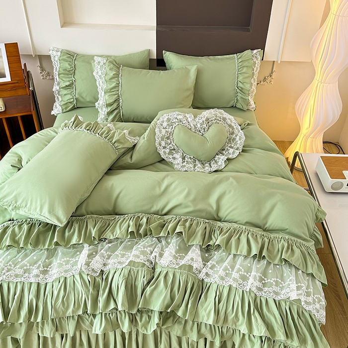 91家纺网 家纺一手货源 找家纺 言熙居 2023新款多巴胺加厚磨毛韩版床裙小清新风四件套 多巴胺-绿