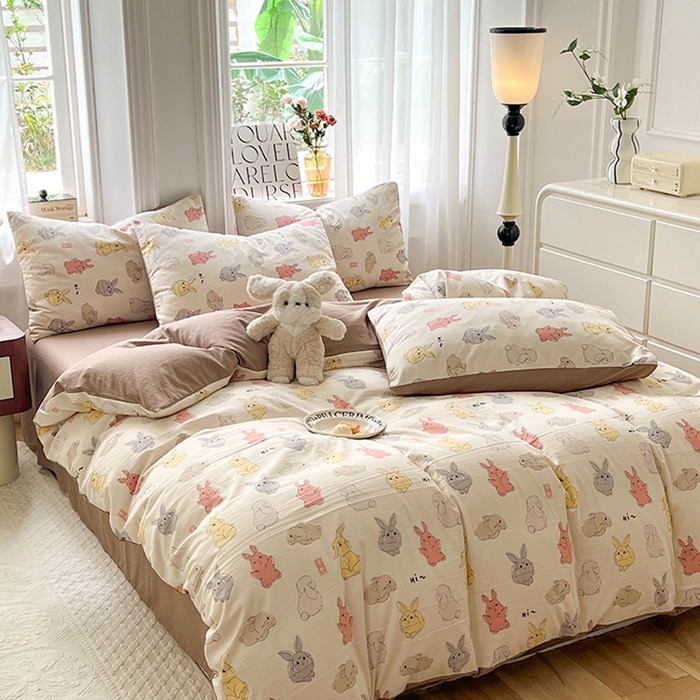 91家纺网 家纺一手货源 找家纺 妖妖家纺 2023新款有氧提花小竺棉印花四件套 多彩兔