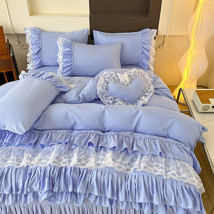 91家纺网 家纺一手货源 找家纺 言熙居 2023新款多巴胺加厚磨毛韩版床裙小清新风四件套 多巴胺-蓝