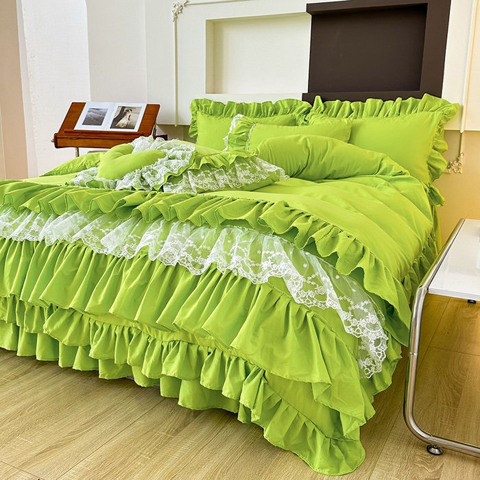 91家纺网 家纺一手货源 找家纺 言熙居 2023新款多巴胺加厚磨毛韩版床裙小清新风四件套 多巴胺-荧光绿