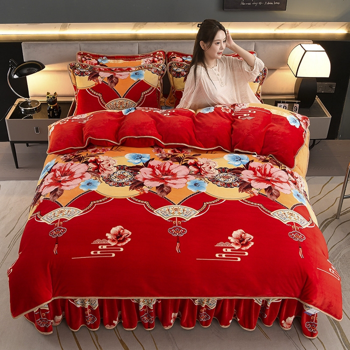 91家纺网 家纺一手货源 找家纺 金柚子 2024新款加厚牛奶绒四件套 繁花嫣然