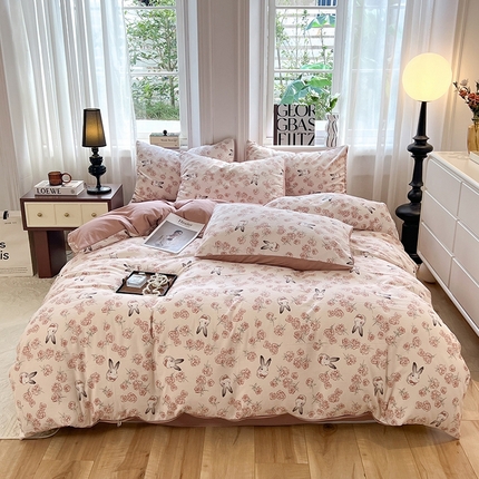 妖妖家纺 2023新款有氧提花小竺棉印花四件套 甜心小兔