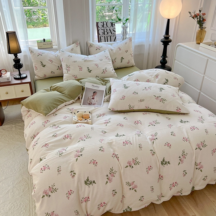 91家纺网 家纺一手货源 找家纺 妖妖家纺 2023新款有氧提花小竺棉印花四件套 花儿清幽