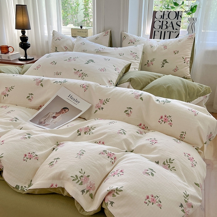 91家纺网 家纺一手货源 找家纺 妖妖家纺 2023新款有氧提花小竺棉印花四件套 花儿清幽