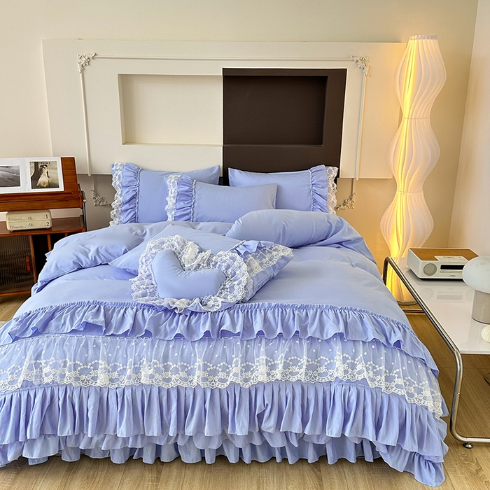 91家纺网 家纺一手货源 找家纺 言熙居 2023新款多巴胺加厚磨毛韩版床裙小清新风四件套 多巴胺-蓝