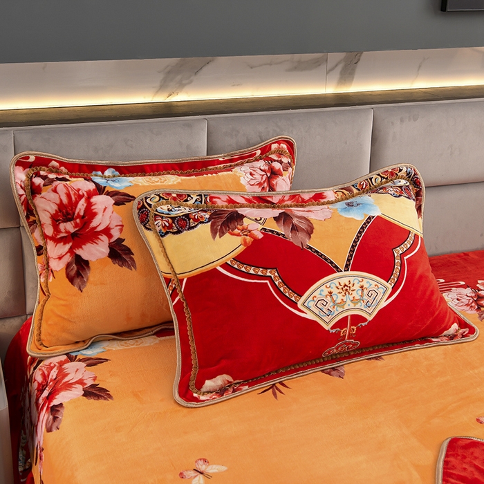 91家纺网 家纺一手货源 找家纺 金柚子 2024新款加厚牛奶绒四件套 繁花嫣然