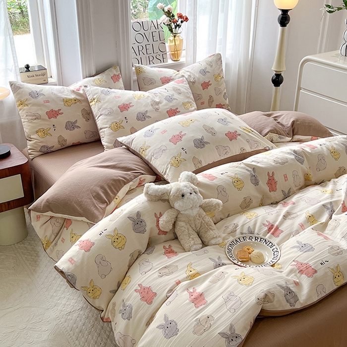 91家纺网 家纺一手货源 找家纺 妖妖家纺 2023新款有氧提花小竺棉印花四件套 多彩兔