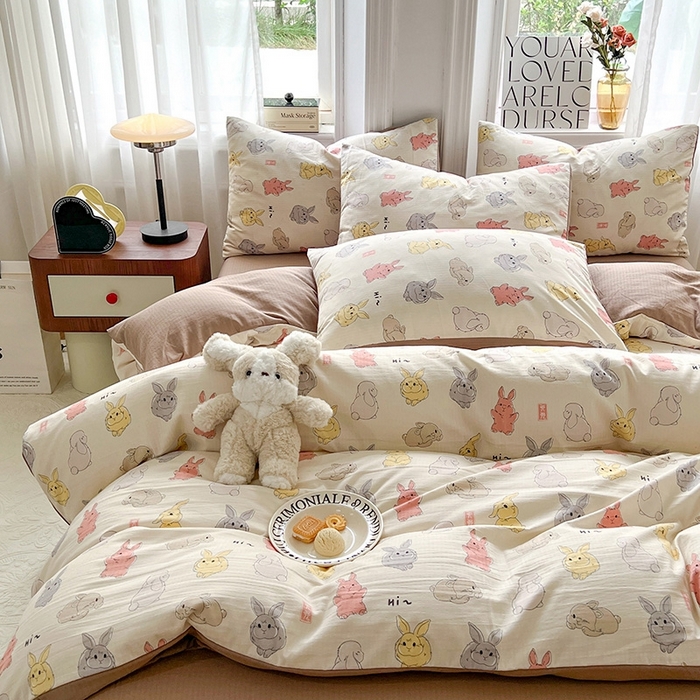 91家纺网 家纺一手货源 找家纺 妖妖家纺 2023新款有氧提花小竺棉印花四件套 多彩兔