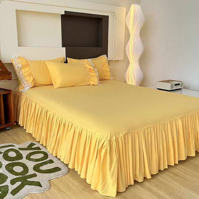 91家纺网 家纺一手货源 找家纺 言熙居 2023新款多巴胺加厚磨毛韩版床裙小清新风四件套 多巴胺-黄