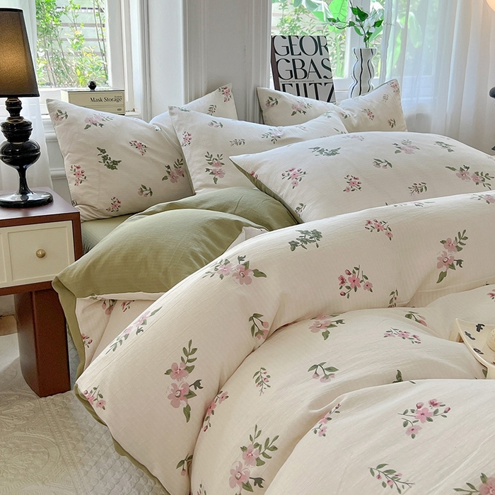 91家纺网 家纺一手货源 找家纺 妖妖家纺 2023新款有氧提花小竺棉印花四件套 花儿清幽