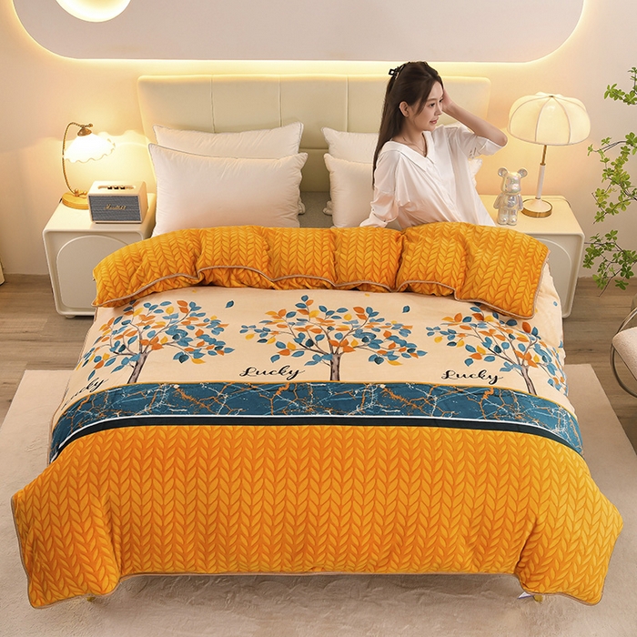 91家纺网 家纺一手货源 找家纺 金柚子 2024新款加厚牛奶绒四件套 发财树