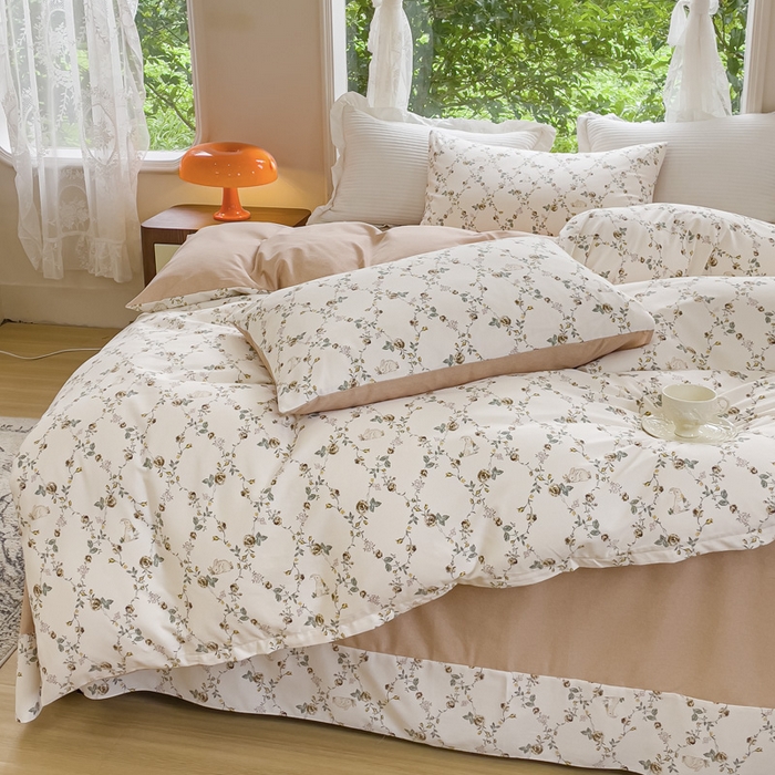 91家纺网 家纺一手货源 找家纺 感遇家纺 2023新款印花系列全棉生态磨毛加厚四件套 浅汐 咖