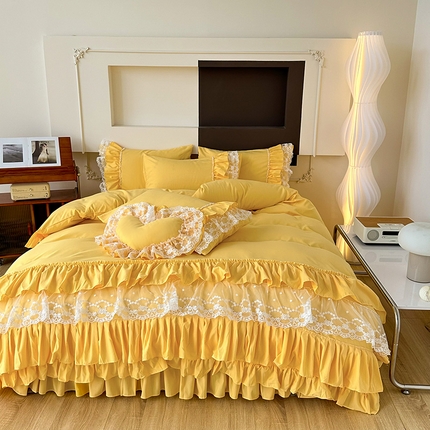 91家纺网 家纺一手货源 找家纺 言熙居 2023新款多巴胺加厚磨毛韩版床裙小清新风四件套 多巴胺-黄