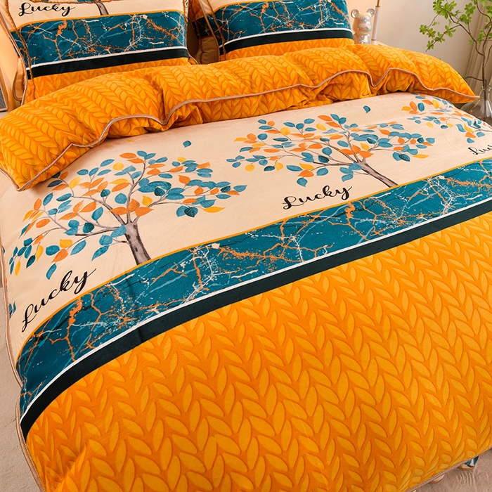 91家纺网 家纺一手货源 找家纺 金柚子 2024新款加厚牛奶绒四件套 发财树