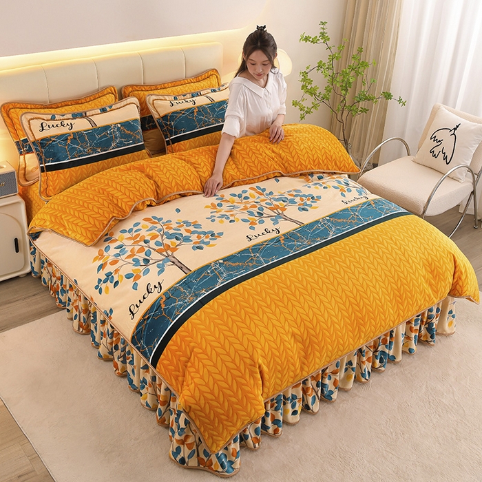 91家纺网 家纺一手货源 找家纺 金柚子 2024新款加厚牛奶绒四件套 发财树