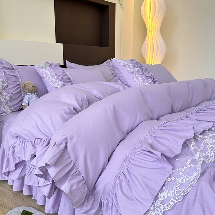 91家纺网 家纺一手货源 找家纺 言熙居 2023新款多巴胺加厚磨毛韩版床裙小清新风四件套 多巴胺-紫