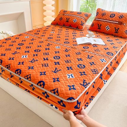 91家纺网 家纺一手货源 找家纺 安琪家纺 2025新款纯色印花牛奶绒夹棉床笠直播爆款 大牌风尚