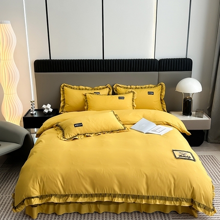 91家纺网 家纺一手货源 找家纺 （总）小主驾到 2023新款韩版公主风荷叶边少女心四件套黑色蕾丝纱-画纱