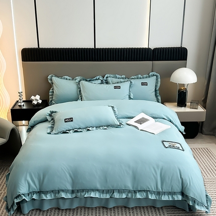 小主驾到 2023新款韩版公主风荷叶边少女心四件套黑色蕾丝纱-画纱 画纱豆绿