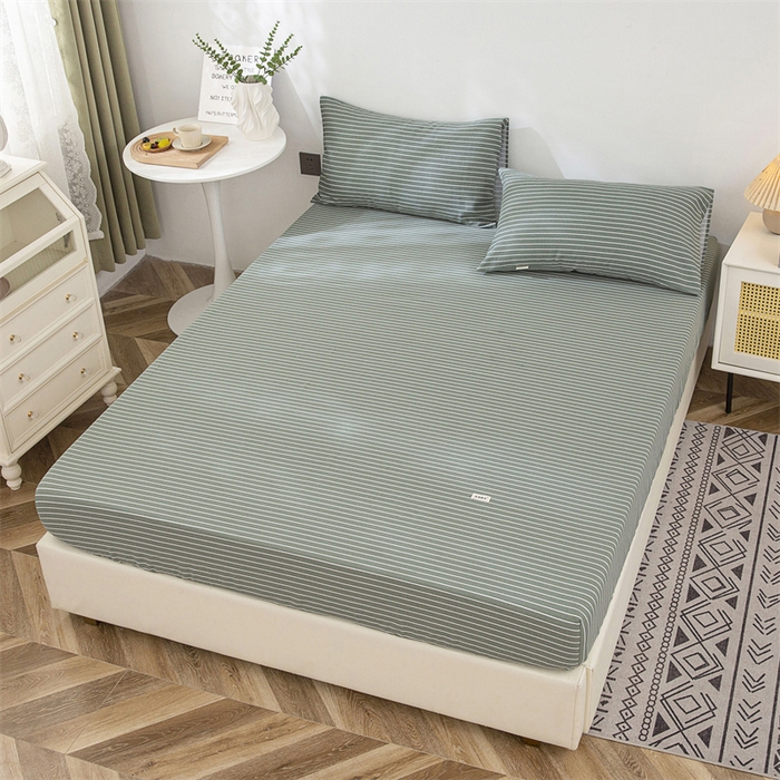 91家纺网 家纺一手货源 找家纺 首爱家纺 2025新款纯棉老粗布床笠 条纹绿