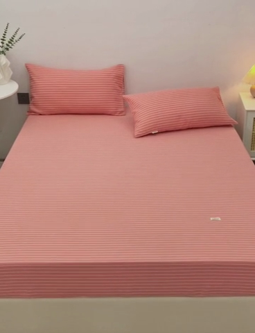 91家纺网 家纺一手货源 找家纺 首爱家纺 2025新款纯棉老粗布床笠 条纹粉